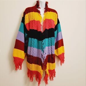 The Cove Multi Stripe Destroyed Fringe Hem Oversized Open Front Cardigan Size M